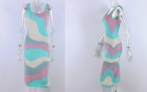 HGM Print Knit Bodycon Dress Women Hollow Out Sexy Sleeveless Spaghetti Strap Beach Midi Dresses
