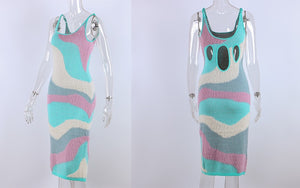HGM Print Knit Bodycon Dress Women Hollow Out Sexy Sleeveless Spaghetti Strap Beach Midi Dresses