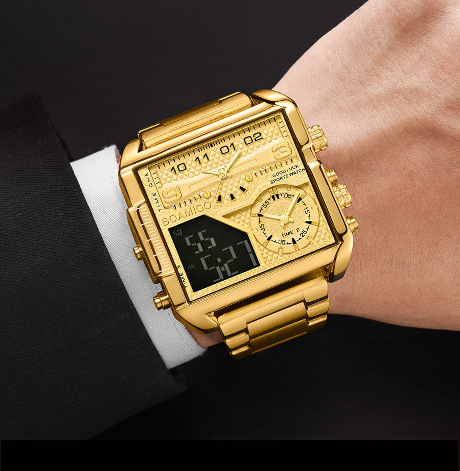 Men Watches Gold Stainless Steel Sport Square Digital Analog Big Quartz Watch