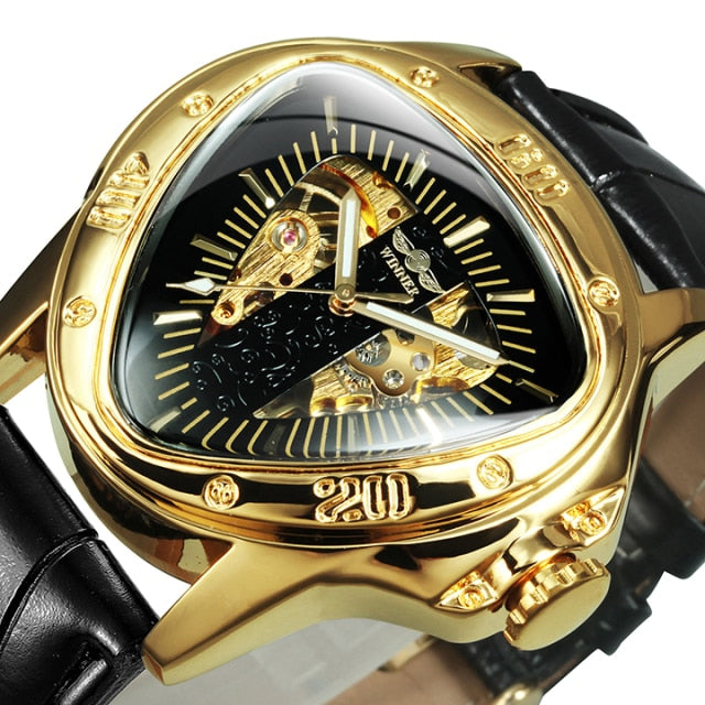 Winner Official Triangle Golden Skeleton Watch for Men Mechanical Automatic Sport Men's Watches  Top Brand Luxury Clock
