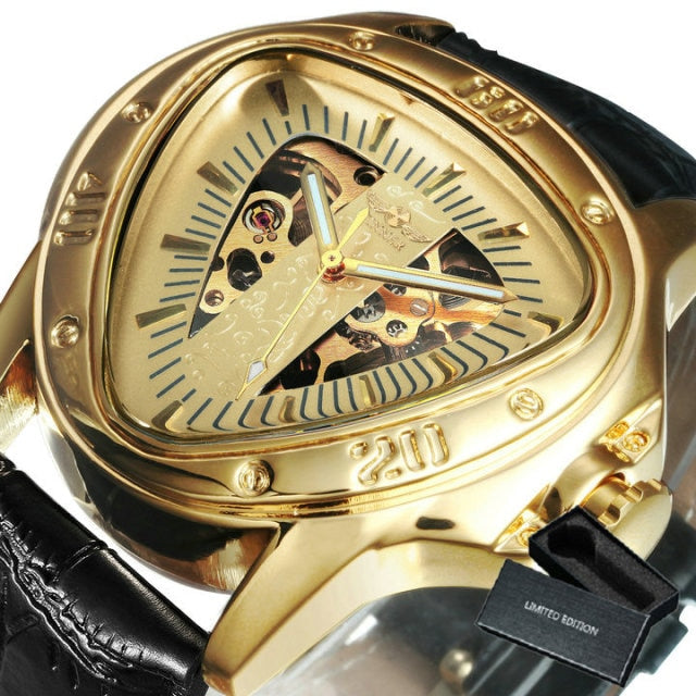 Winner Official Triangle Golden Skeleton Watch for Men Mechanical Automatic Sport Men's Watches  Top Brand Luxury Clock