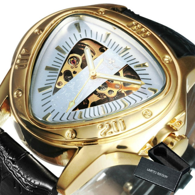 Winner Official Triangle Golden Skeleton Watch for Men Mechanical Automatic Sport Men's Watches  Top Brand Luxury Clock