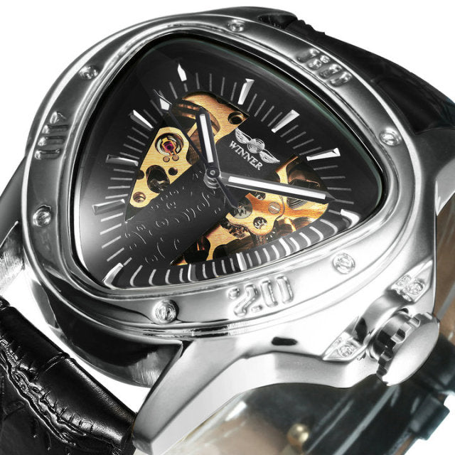Winner Official Triangle Golden Skeleton Watch for Men Mechanical Automatic Sport Men's Watches  Top Brand Luxury Clock