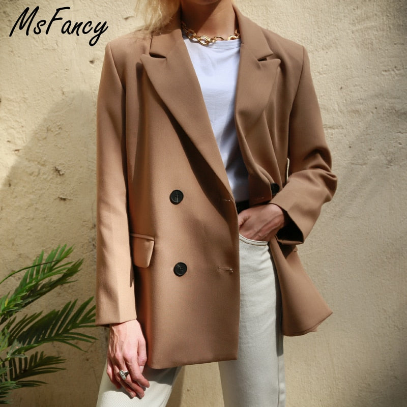 Women Double Breasted Oversized Suits Jacket Official Ladies Loose Long Sleeve Mujer Vestido MS001