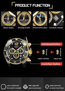 Mens Top Brand Luxury Clock Casual Stainless Steel 24Hour Moon Phase Men Watch Sport Waterproof Quartz Chronograph