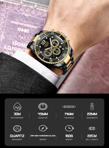 Mens Top Brand Luxury Clock Casual Stainless Steel 24Hour Moon Phase Men Watch Sport Waterproof Quartz Chronograph