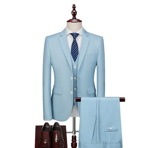 Men's Business Casual Solid Color 3 Pieces Suits Male Two Buttons Blazers Jacker Coat Trousers Pants Vest Waistcoat