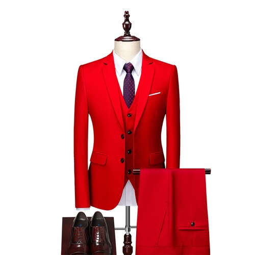 Men's Business Casual Solid Color 3 Pieces Suits Male Two Buttons Blazers Jacker Coat Trousers Pants Vest Waistcoat