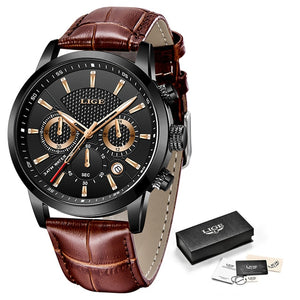 Mens Watches LIGE Top Brand Leather Chronograph Waterproof Sport Automatic Date Quartz Watch For Men Relogio Masculino