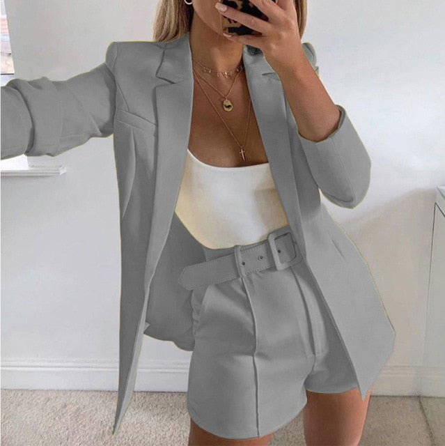 Ladies Casual Short Suits  long sleeve cardigan Blazer Set two piece outfits shorts solid Lady Short Suits