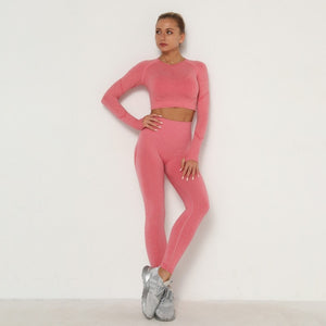 Long Sleeve Top High Waist Belly Control Leggings Clothes Seamless Sport Suit Sexy Booty Girls