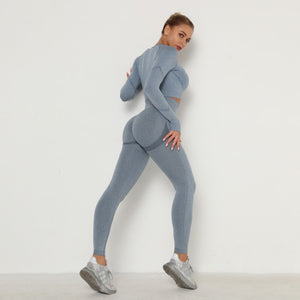 Long Sleeve Top High Waist Belly Control Leggings Clothes Seamless Sport Suit Sexy Booty Girls