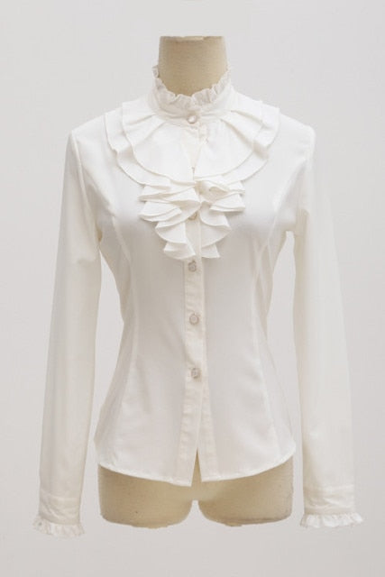 High Quality White Blouse Fashion Female Full Sleeve Casual Shirt Elegant Ruffled Collar Office Lady Tops Women Wear