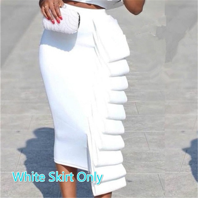 Women 2 Piece Sets Crop Tops Skirts Sexy Dinner Ruffles Off Shoulder Slim Backless Party Wear Suit