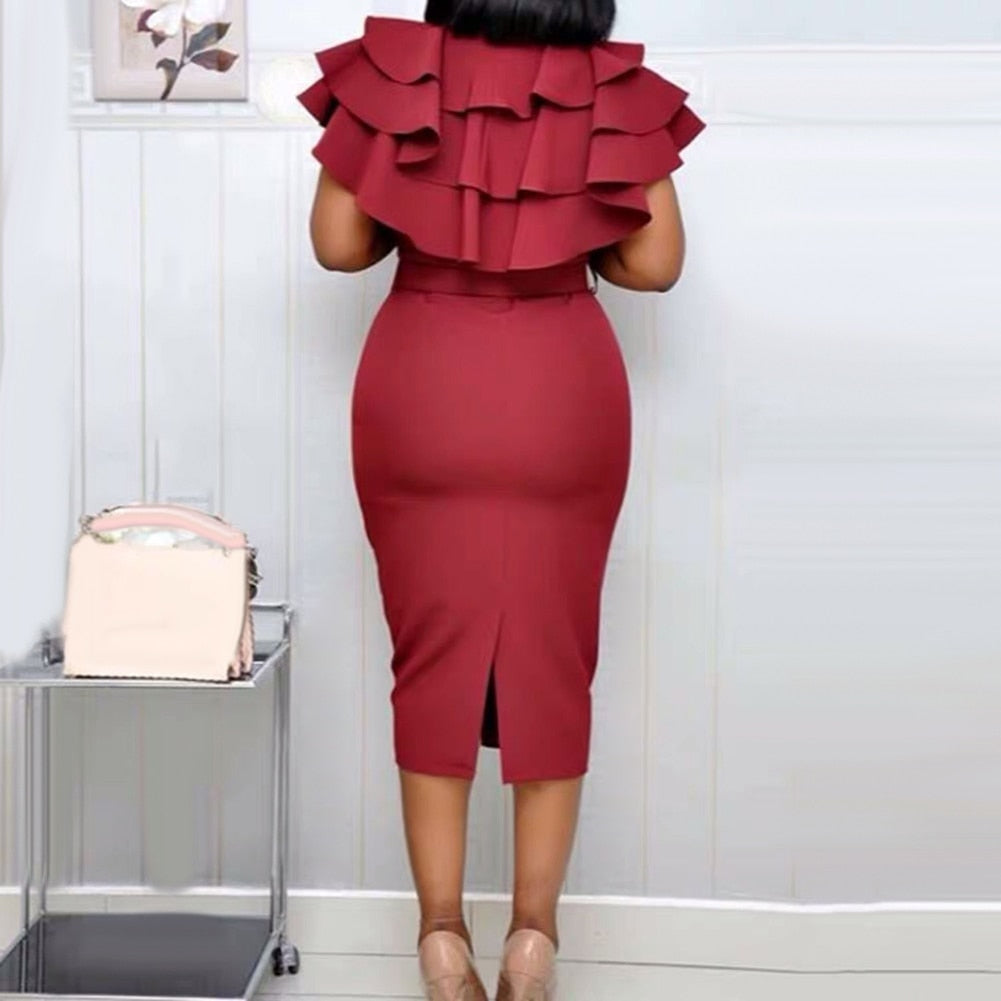 Fashion Women Dresses Office Lady Solid Color V Neck Short Ruffled Sleeve Belt Bodycon Midi Dress