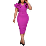Load image into Gallery viewer, Fashion Women Dresses Office Lady Solid Color V Neck Short Ruffled Sleeve Belt Bodycon Midi Dress
