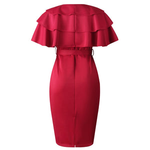Fashion Women Dresses Office Lady Solid Color V Neck Short Ruffled Sleeve Belt Bodycon Midi Dress