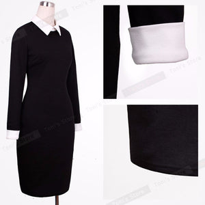 Women Autumn Turn-down Collar Fit Work Dress Vintage Elegant Business office Pencil bodycon Midi Dress