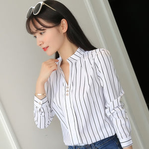 Women White Tops and Blouses Fashion Stripe Print Casual Long Sleeve Office Lady Work Shirts