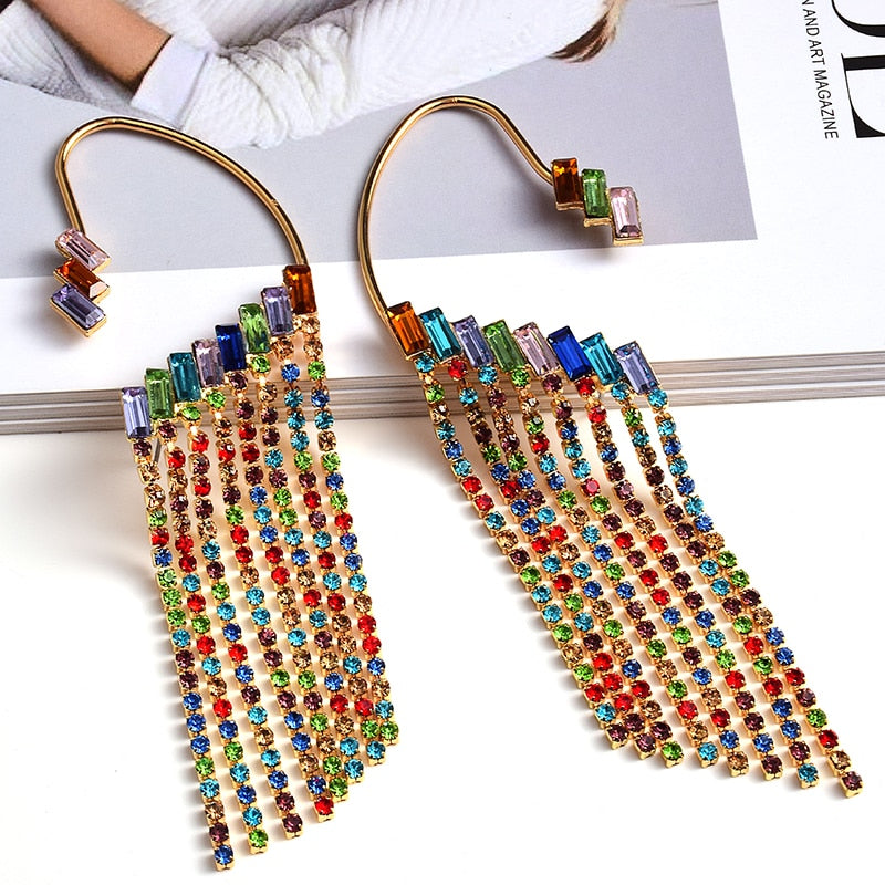 Long Colorful Crystal Chain Tassel Drop Earrings High-Quality Luxury Fashion Jewelry Accessories For Women