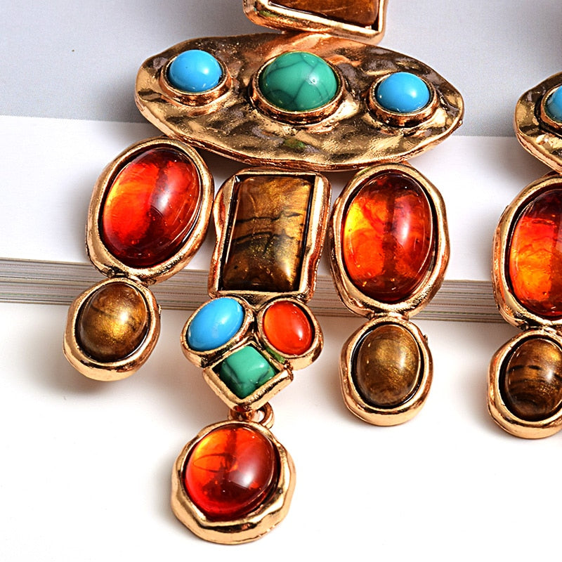 New Vintage Metal Colorful Stone Earrings High-quality Crystal Dangle Long Drop Earring Statement Jewelry Accessories For Women