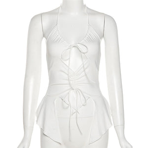 Sexy Ruffles Cut Out White Tank Tops Bandage Hollow Out Halter Tops Drawstring Clubwear