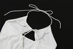 Sexy Ruffles Cut Out White Tank Tops Bandage Hollow Out Halter Tops Drawstring Clubwear