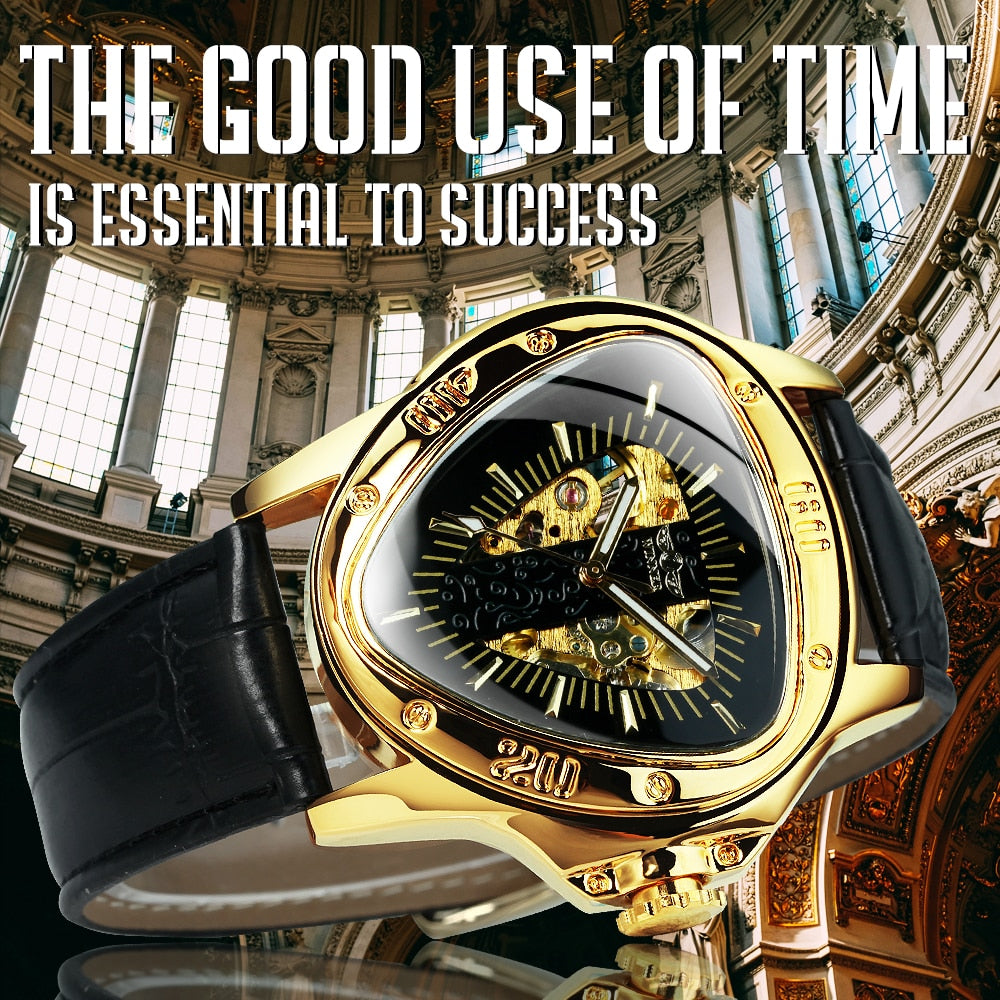 Winner Official Triangle Golden Skeleton Watch for Men Mechanical Automatic Sport Men's Watches  Top Brand Luxury Clock
