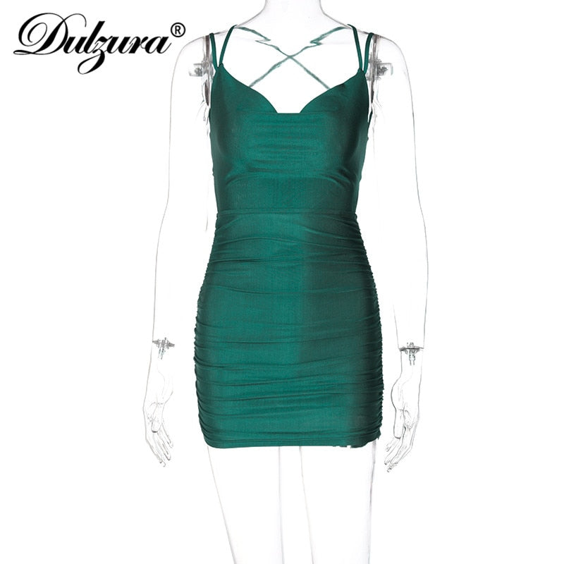 Solid Ruched Women Strap Mini Dress Lace Up Backless Bodycon Bandage Party Elegant wears