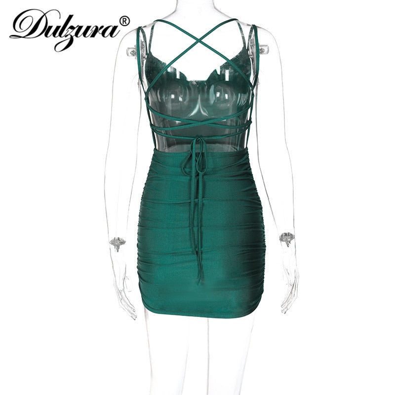 Solid Ruched Women Strap Mini Dress Lace Up Backless Bodycon Bandage Party Elegant wears