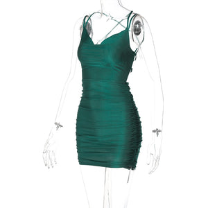 Solid Ruched Women Strap Mini Dress Lace Up Backless Bodycon Bandage Party Elegant wears