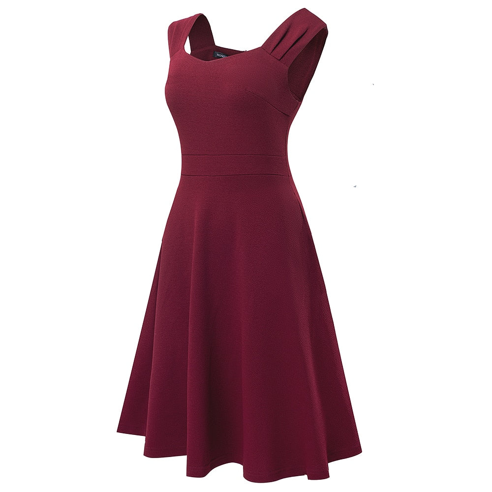New Solid Color Retro Sun Dresses Party Flare Swing Women Dress