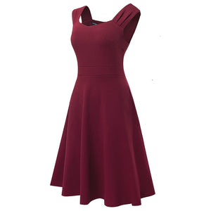 New Summer Solid Color Retro Sun Dresses Party Flare Swing Women Dress