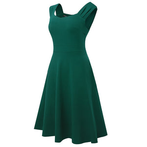 New Solid Color Retro Sun Dresses Party Flare Swing Women Dress