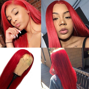 Front Wig Straight Lace Front Wig Human Hair Hot Red 180% Density Pre Plucked Pinshair Brazilian Remy Hair
