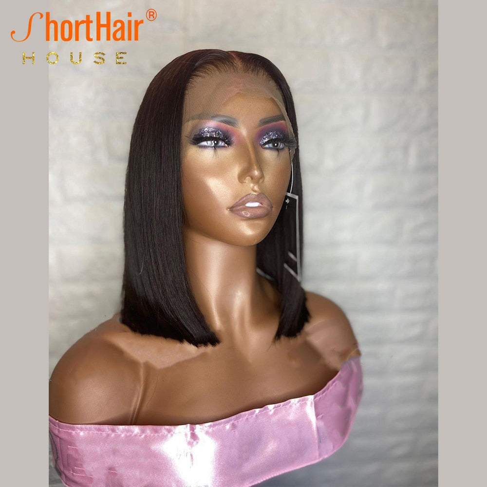 Short Bob Wig 13x6x1 T Part Lace Front Human Hair Wigs For Black Women Brazilian Bone Straight Wig Pre Plucked Black Color 180%