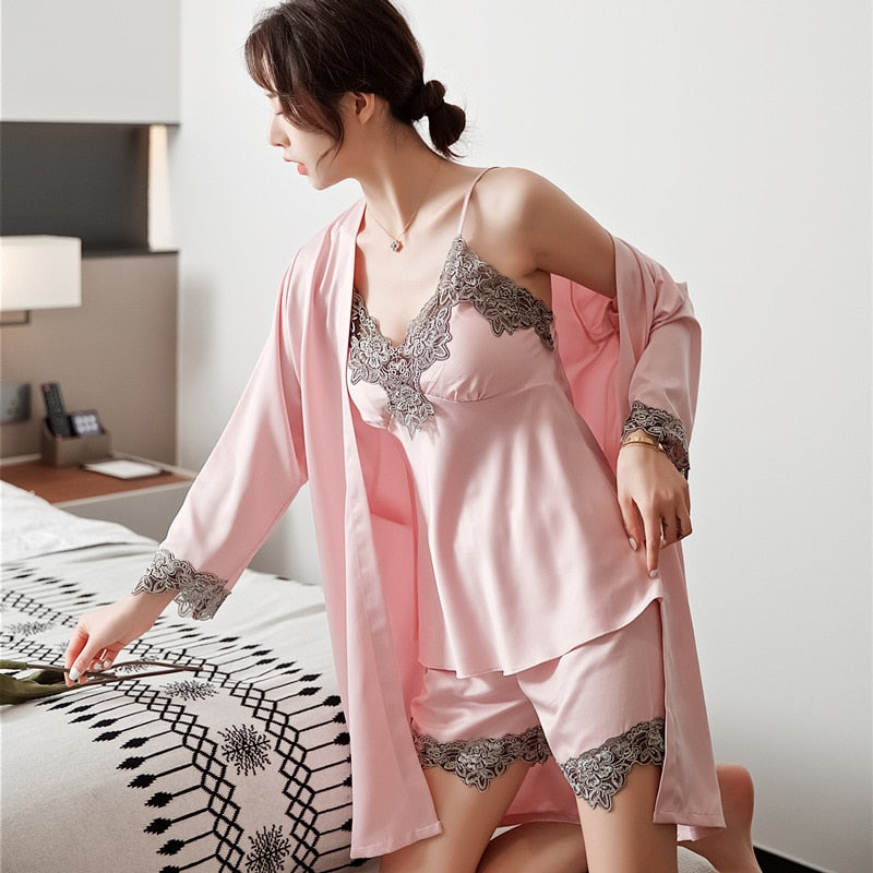 HGM 5PC Silk Robe Sleep Suit Women's Lace Satin Pajamas Gown Set V-Neck  Nighties Wear Pajamas