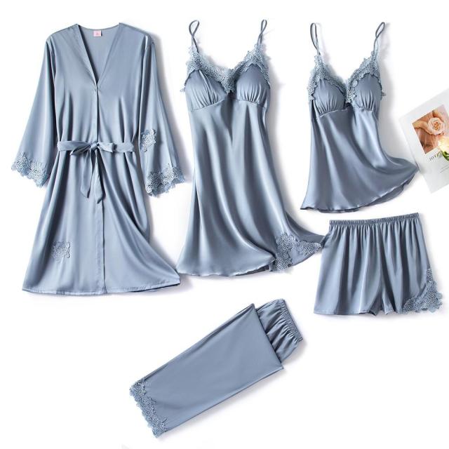 HGM 5PC Silk Robe Sleep Suit Women's Lace Satin Pajamas Gown Set V-Neck  Nighties Wear Pajamas