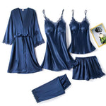 Cargar imagen en el visor de la galería, HGM 5PC Silk Robe Sleep Suit Women&#39;s Lace Satin Pajamas Gown Set V-Neck  Nighties Wear Pajamas
