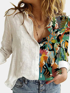 HGM Women Stitching Retro Face Print Long Sleeve Blouse Lapel Button Casual Top