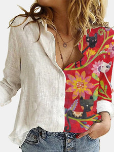 HGM Women Stitching Retro Face Print Long Sleeve Blouse Lapel Button Casual Top