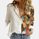 Load image into Gallery viewer, HGM Women Stitching Retro Face Print Long Sleeve Blouse Lapel Button Casual Top
