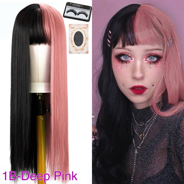 HGM Cosplay Wig Half Green Half Black Wig Long Straight Wig With Bangs Cosplay Wig Two Tone Ombre Wigs Synthetic Wigs