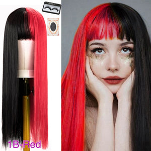 HGM Cosplay Wig Half Green Half Black Wig Long Straight Wig With Bangs Cosplay Wig Two Tone Ombre Wigs Synthetic Wigs