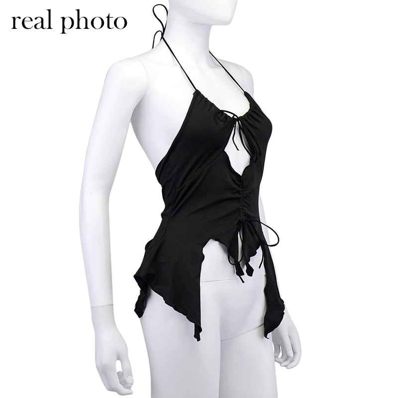 Sexy Ruffles Cut Out White Tank Tops Bandage Hollow Out Halter Tops Drawstring Clubwear