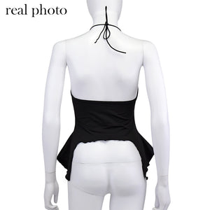 Sexy Ruffles Cut Out White Tank Tops Bandage Hollow Out Halter Tops Drawstring Clubwear