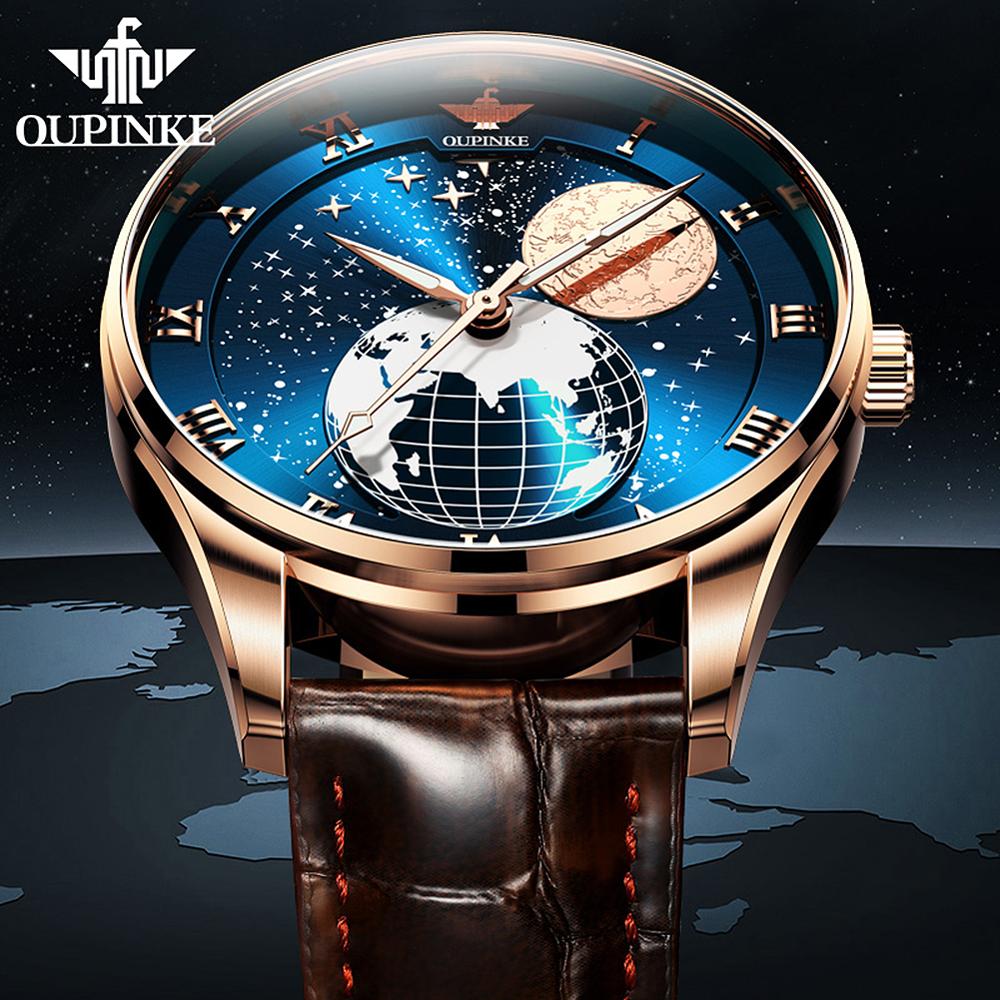 OUPINKE Mechanical Watch Men Automatic Rose Gold Leather Watch Waterproof Business Moon Phase Wristwatch