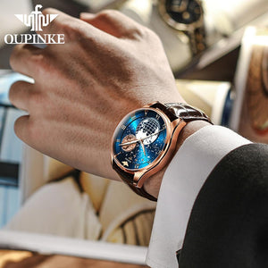 OUPINKE Mechanical Watch Men Automatic Rose Gold Leather Watch Waterproof Business Moon Phase Wristwatch