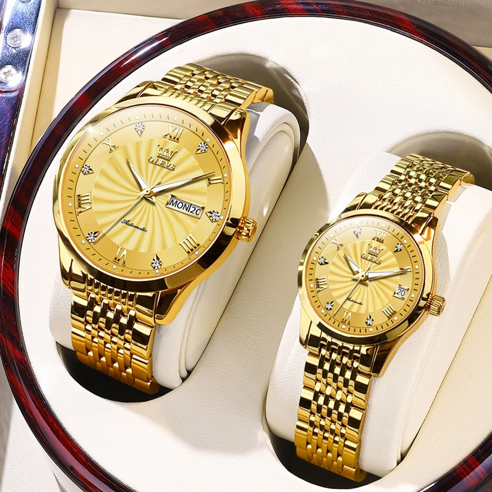 HGM Luxury Gold Couple Watches Pair Men Women Automatic Mechanical Brand Rhinestone for Lovers Fashion Waterproof Sports Steel Box
