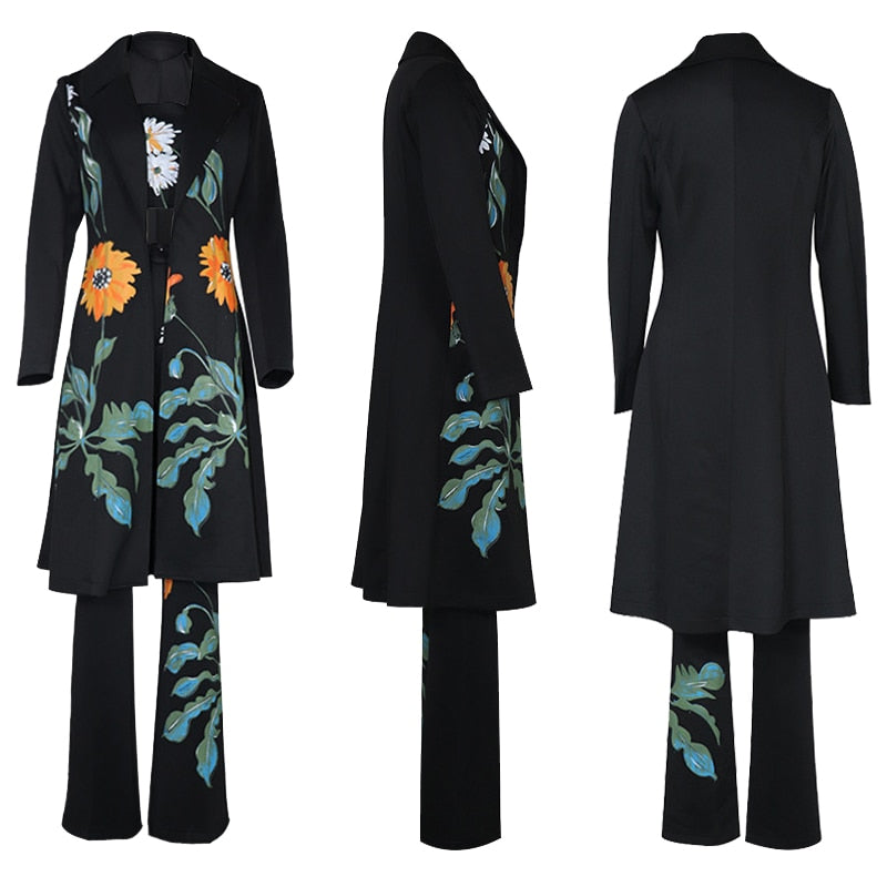 Women Long Trench Coat Sets Autumn Winter New Fashion Temperament Print Flower Windbreaker Wide Leg Pants Suit